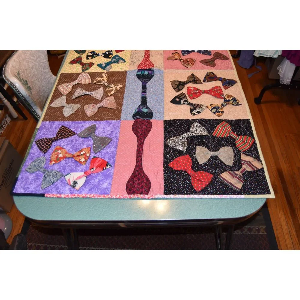 Handmade Bow Tie Quilt Lap Quilt Memorial Signed 2017 Applique 57x36